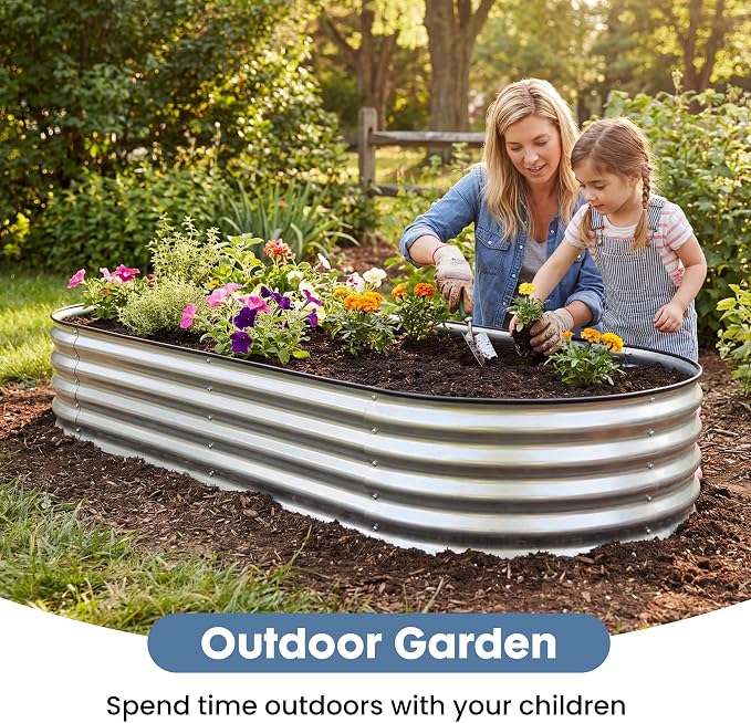 DUMOS Galvanized Raised Garden Bed, 8x4x1ft Outdoor Metal Planter Box, Heavy-Duty Planter Raised Bed for Vegetables Herbs Flowers, Oval Rustproof Flower Beds for Backyard Patio, Open Bottom
