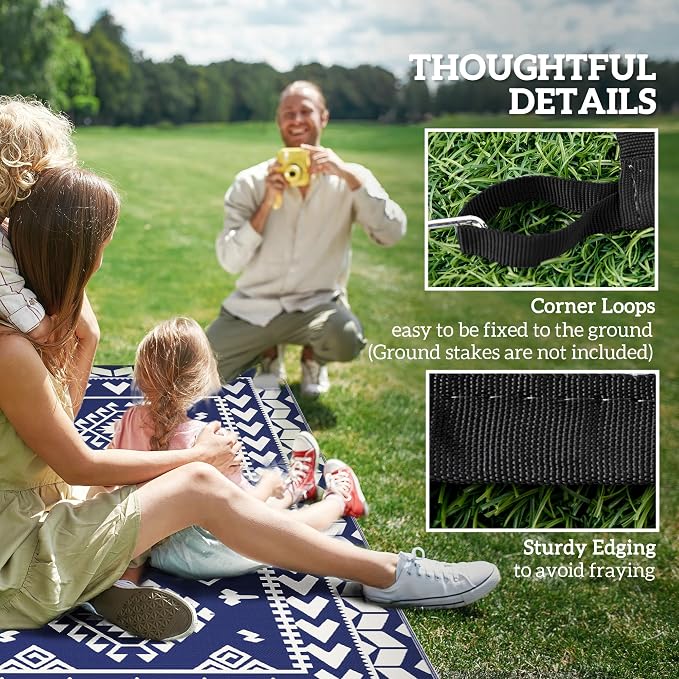 Outsunny Outdoor Rug for Patio, 9' x 18' Waterproof Large Mat, Reversible Plastic Straw Rug for Decor, Portable Outside RV Camping Area Carpet Mat for Backyard Porch Deck Picnic, Blue & White Rhombus