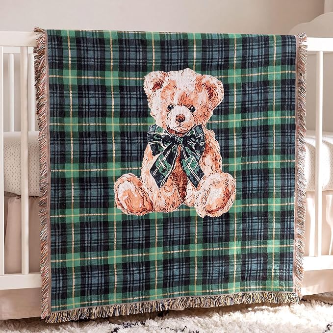 Moukeren 60 x 50 Inch Tartan Plaid Bear Baby Woven Tapestry Throw Blanket Green Blue Scottish Tartan Throw Blanket with for Office Bed Living Room Bedroom Sofa Chair Couch Crib