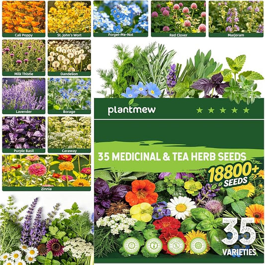 35 Medicinal & Tea Herb Seeds Variety Pack, 18,800+ Premium Garden Seed Vault Kit, Pollinator Friendly, Indoor & Outdoor Year-Round Planting, Lavender, Basil, Cilantro, Peppermint, Chamomile & More
