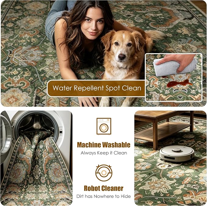 Washable Area Rugs - Perfect for Living Room, Bedroom, Kids Room, Nursery - Stain & Water Resistant Non-Slip, Pet & Child Friendly, Vintage Tribal Area Rugs (Green, 3' x 5 ')