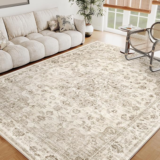 7x10 Beige Neutral Area Rug | Washable, Non Slip, Soft Low Pile, Vintage Farmhouse, for Living Room Bedroom Dining Room Office Indoor Home Decor