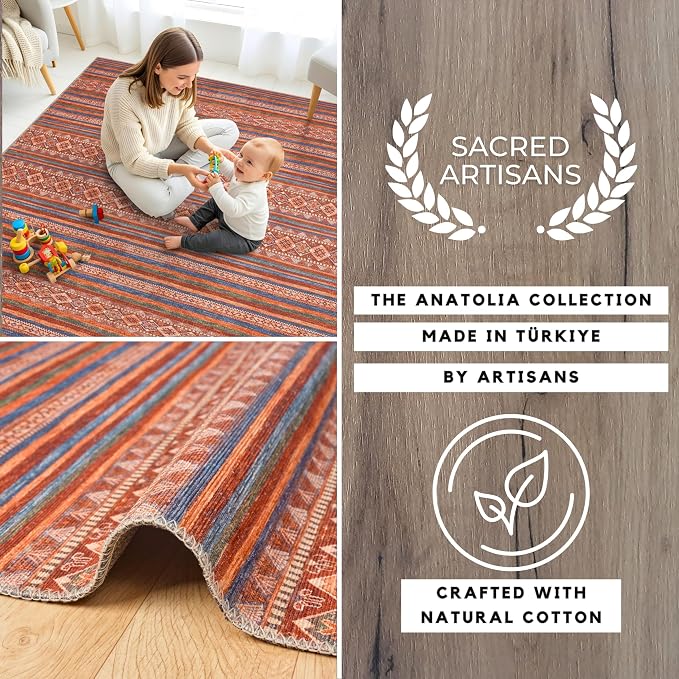 Sacred Artisans Boho 3x5 Area Rug for Entry, Kitchen, Mudroom and Foyer | Washable, Pet Friendly, Durable and Low Pile (Kilim, 3' x 5')
