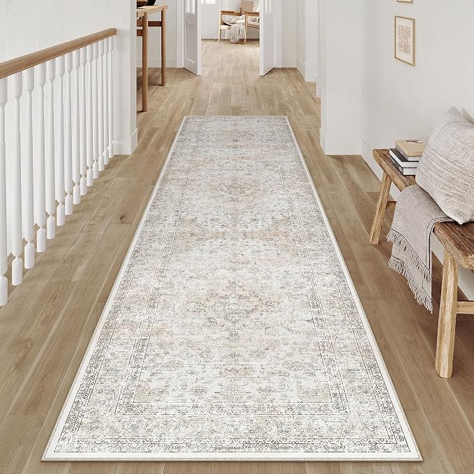 3x8 Washable Runner Rug Beige Grey Non Slip Vintage Carpet | Low Pile, Stain Resistant, Kitchen, Bedroom, Entryway, Laundry Room, Hallway, Soft, Thin, Lightweight
