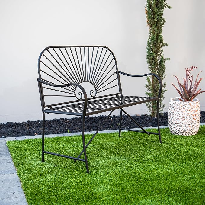 XBrand 44" L Iron Sun-Patterned Seat for Two, Patio & Porch Furniture for Park, Yard, Lawn, Balcony, Backyard – Black