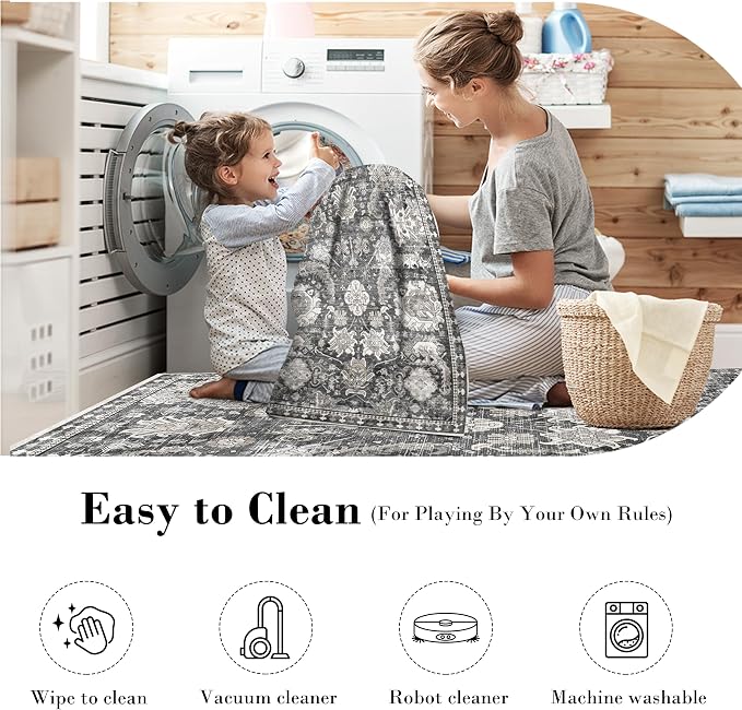 Washable Area Rugs - Perfect for Living Room, Bedroom, Kids Room, Nursery - Stain & Water Resistant Non-Slip, Pet & Child Friendly, Vintage Tribal Area Rugs (Grey, 2'6'' x 8')