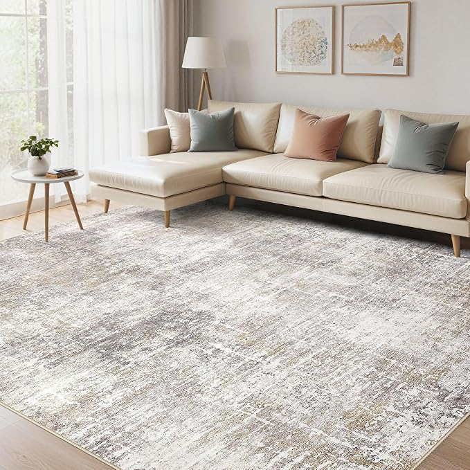 kakania Abstract 12x18 Area Rugs for Living Room: Washable Rugs Brown Gold | Soft, Non-Slip, Low-Pile, Pet & Kid Friendly - Large Modern Home Decor Carpet for Bedroom/Dining Room/Office/Nursery