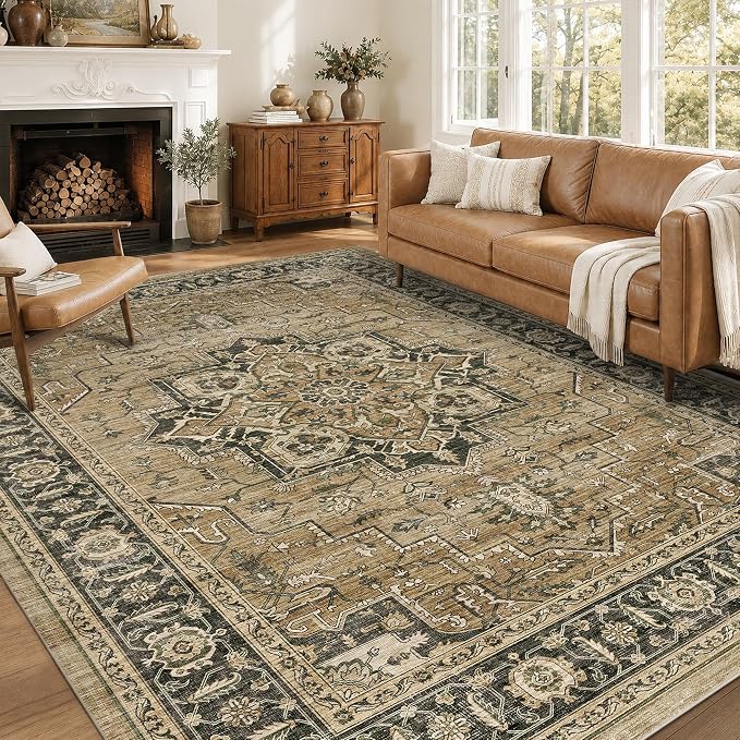 5x7 Area Rug for Living Room Soft Washable Vintage Boho Area Rug | Non-Slip, Retro Print, Low Pile, Stain Resistant, Soft Washable Green Carpet, for Bedroom, Dining Room, Nursery, Home Office