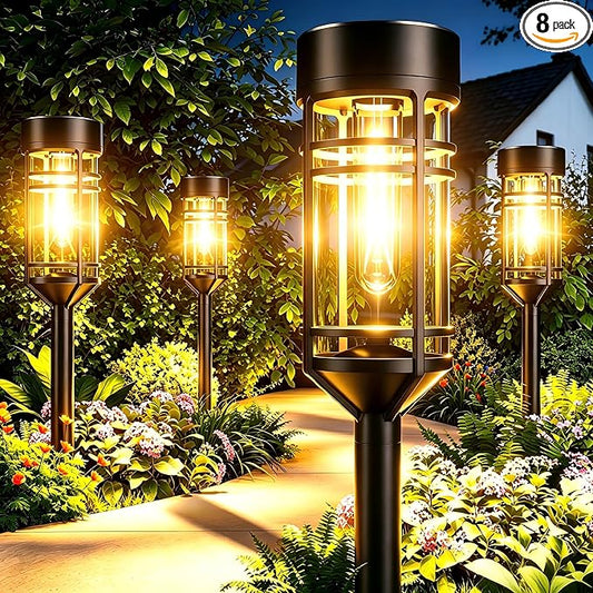 Amzarp 8 Pack Solar Garden Lights, Bright LED Solar Pathway Lights Outdoor IP65 Waterproof Rugged Shatterproof Auto On/Off for Landscape Garden Yard Walkway Driveway Lawn Lighting (3000K Warm White)