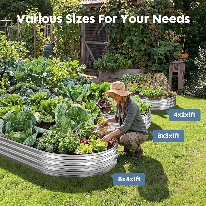 DUMOS Galvanized Raised Garden Bed, 8x4x1ft Outdoor Metal Planter Box, Heavy-Duty Planter Raised Bed for Vegetables Herbs Flowers, Oval Rustproof Flower Beds for Backyard Patio, Open Bottom