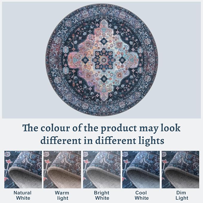 Tangsoo Washable Round Area Rugs 5ft, Vintage Non Slip Circle Rug Navy | Oriental Soft Low Pile Circular Rugs, Boho Round Carpet for Living Room Bedroom Dining Room Nursery Office Home Decor