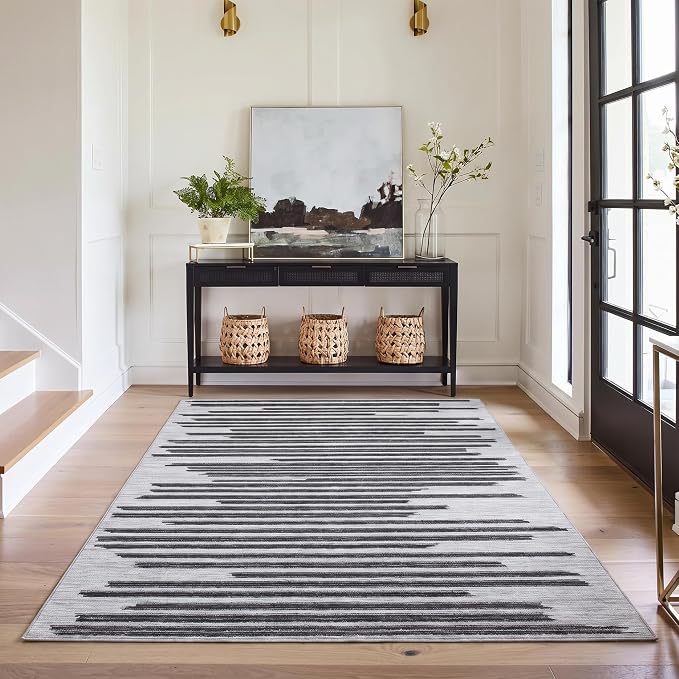 GarveeHome Washable Area Rug 4x6 Modern Non Slip Rug for Living Room Dorm | Stain Resistant Low Pile Carpet Perfect for Bedroom Kitchen Hallway Home Office, Black Grey