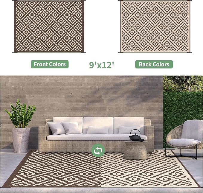 GENIMO Outdoor Rug for Patio Clearance, 9'x12' Waterproof Camping Mat, Reversible Plastic Straw Rugs for RV, Camper, Balcony, Backyard, Picnic, Deck (Coffee & Beige)