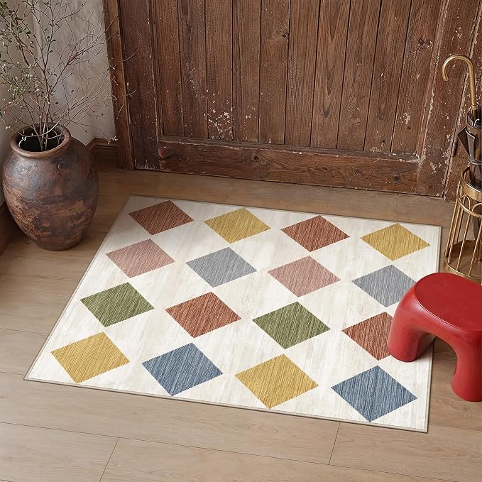 Machine Washable Colorful 2x3 Area Rugs for Entryway Modern Soft Checkered Indoor Door Mats Non-Slip Stain Resistant Low Pile Accent Small Rug for Bedroom Kitchen Laundry Entrance
