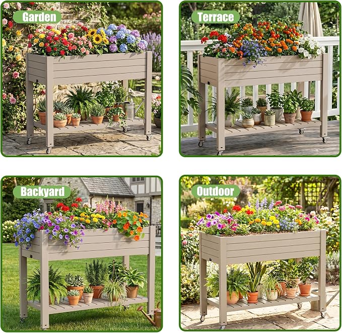 EFU Raised Garden Beds Outdoor, with Wheels for Mobility, Extra Storage Shelf, Water Level Monitoring, 21 Gallon Planter Raised Beds for Vegetables, Herbs, Fruits, Backyard, Patio, Balcony (Grey)