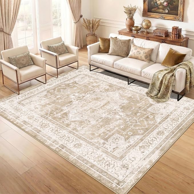 5x7 Area Rug for Living Room Vintage Neutral Washable Rugs | Stain Resistant Farmhouse Boho Floral Indoor Carpet for Bedroom Office and Home Decor(Beige&Brown)
