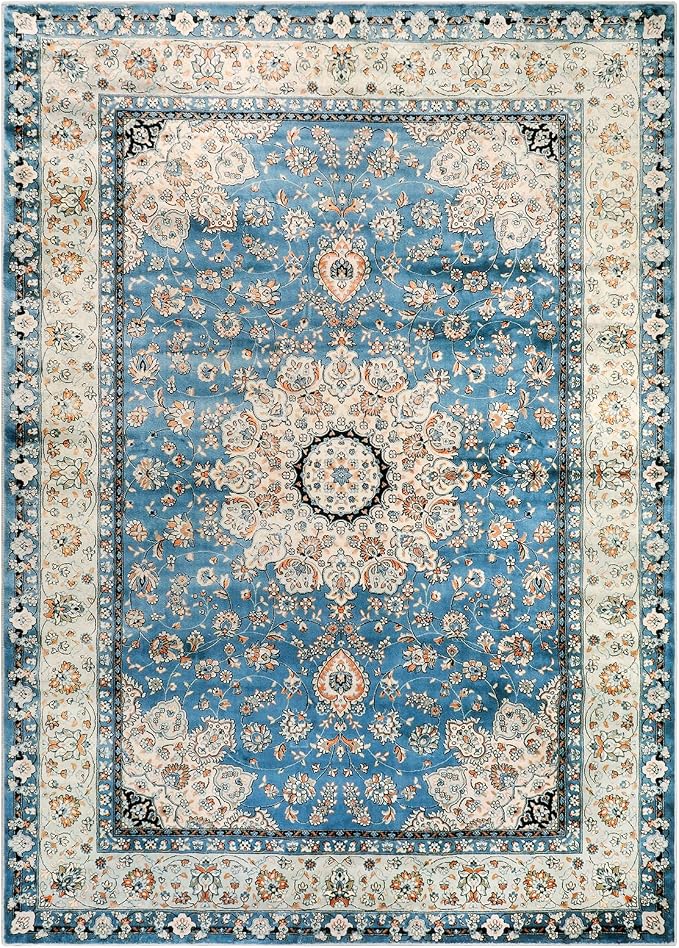 Lahome Felice Oriental Floral Medallion Area Rug - 5x7 Large Blue Distressed Living Bedroom Rug, Non-Slip Machine Washable Low-Pile Dining Room Mat Indoor Accent Carpet for Entryway Office Home