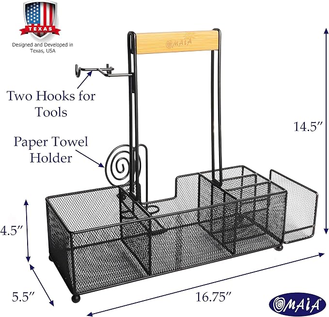 OMAIA BBQ and Grill Caddy with Paper Towel Holder, Wood Handle & 2 Hooks – Camper Accessories Condiment Caddy – Plates, Cutlery and BBQ Organizer for Camping Outdoor, RV - US Patent Pending