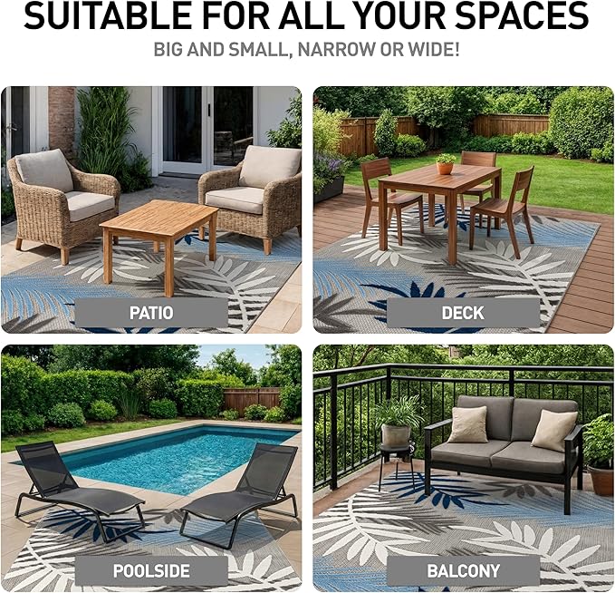 Rugshop Blue Palm Frond Indoor/Outdoor Area Rug Easy Cleaning for Patio, Deck and Balcony, 4' x 6'