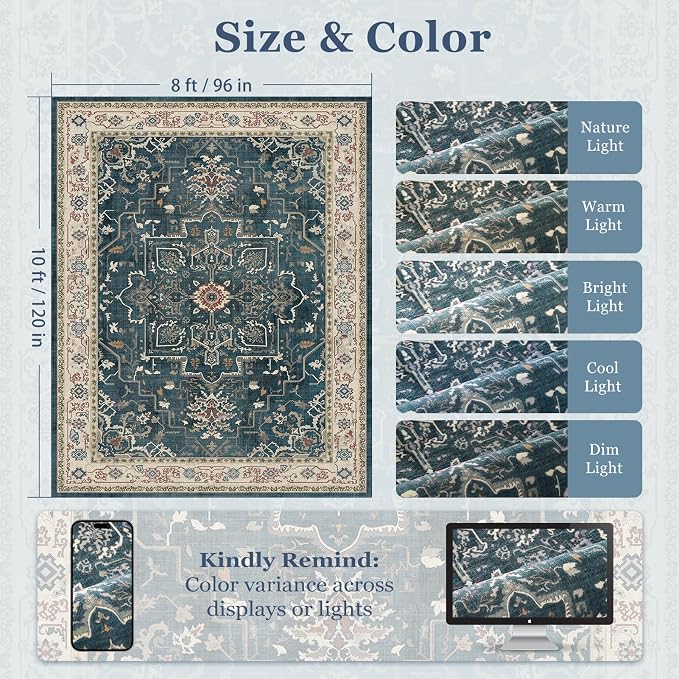 Vintage Distressed 8x10 Rugs for Living Room Bedroom, Washable Non Slip Dining Room Rugs for Under Table, Low Pile Thin Soft Carpet Farmhouse Dark Medallion Printed, Deep Blue/Multi