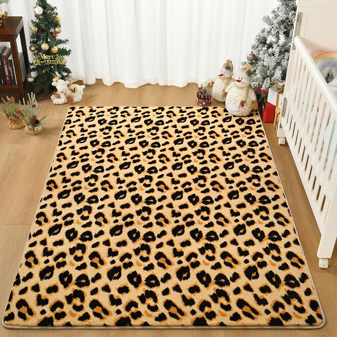 Amearea Soft Leopard Rugs for Bedroom Living Room, 3x5 Cheetah Print Rug | Fluffy Indoor Thickened Memory Foam Rug, Washable Animal Rug Carpet for Kids Boys Girls Dorm Nursery Room Home Decor, Khaki