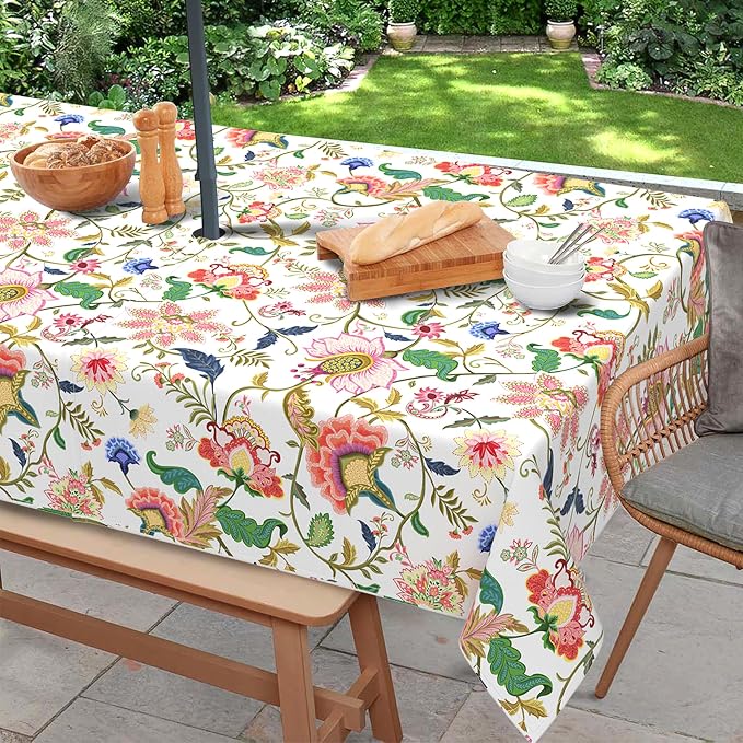 Outdoor Tablecloth with Umbrella Hole and Zipper, Rectangle Patio Table Covers for Spring/Summer, Machine Washable Outdoor Picnic Table Cloth (Jacobean Floral, 60" × 84" Rectangular)