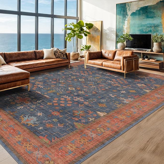 Washable Navy Blue Living Room Rug, 8x10 Area Rug For Bedroom, Dining Room Rugs for Under Table - Low Pile Non-Slip Rubber Backing Stain Resistant Rug - Aethestic Boho Home Decor (8x10 Navy Blue)