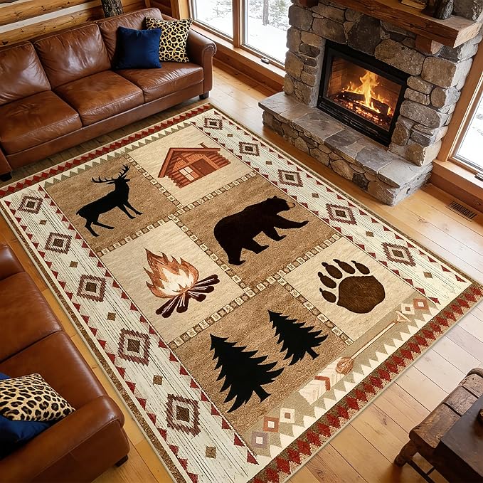 8x10 Cabin Bear Rustic Area Rug for Living Room Lodge Deer Wildlife Large Rug Country Farmhouse Westen Machine Washable Non-Slip Printed Low-Pile Indoor Carpet for Bedroom Dining Room Office