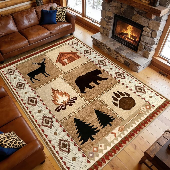 Area Rug 6x9 Rustic Cabin Bear Deer Rug Lodge Country Farmhouse Wildlife Rugs for Living Room Southwesten Machine Washable Non-Slip Printed Low-Pile Indoor Carpet for Bedroom Dining Room Office
