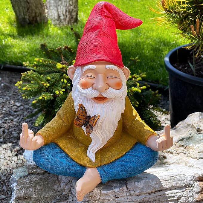 Mood Lab Zen Garden Gnome - Relaxed Yoga Gnome with Middle Finger - 9.25 Inch Tall Outdoor or Indoor Decor