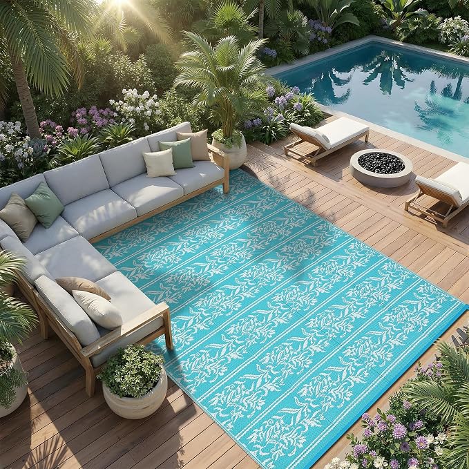 Garvee Outdoor Rugs 9x18 Waterproof Reversible Mat Boho Leaf Patio Rug with 4 Stakes and Starage Bag, Large Outdoor RV Mat Rugs for Camping, Picnic, Balcony, Deck, Backyard, Teal & White