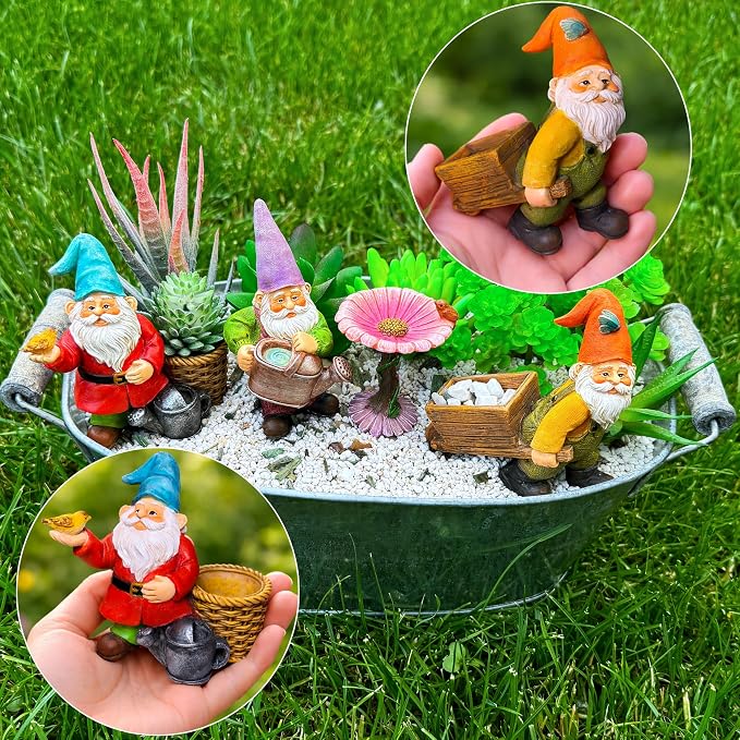 Mood Lab Garden Gnome Figurines Set (4 pcs) - 3.5" H Miniature Decorative Statues & Accessories - Outdoor & Indoor Garden Decor