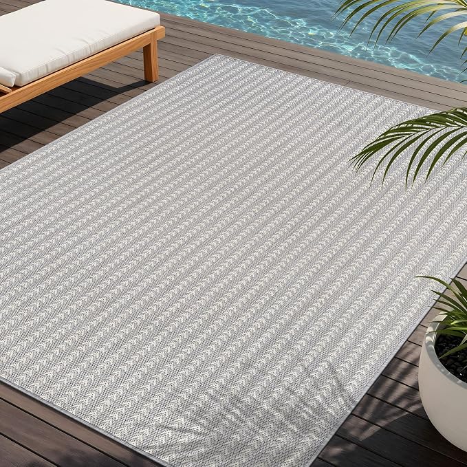Washable Outdoor Rug 10x14 Modern Area Rugs Outdoor Carpets Striped Pattern Non Shedding Waterproof Easy Clean Patio Deck Porch Living Room Bedroom Garden RV (10 X 14 Gray)