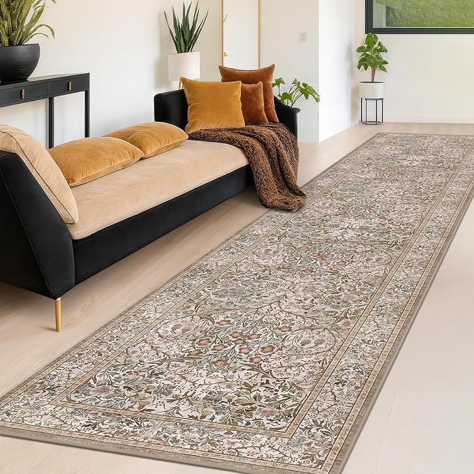 Moss 3x12 Extra Long Wide Runner Rug for Hallway, Non Slip Washable, 12 ft Large Kitchen Floor Rugs for Indoor Entrance, Low Pile Stain Resistant Vintage Floral Leaf Carpet