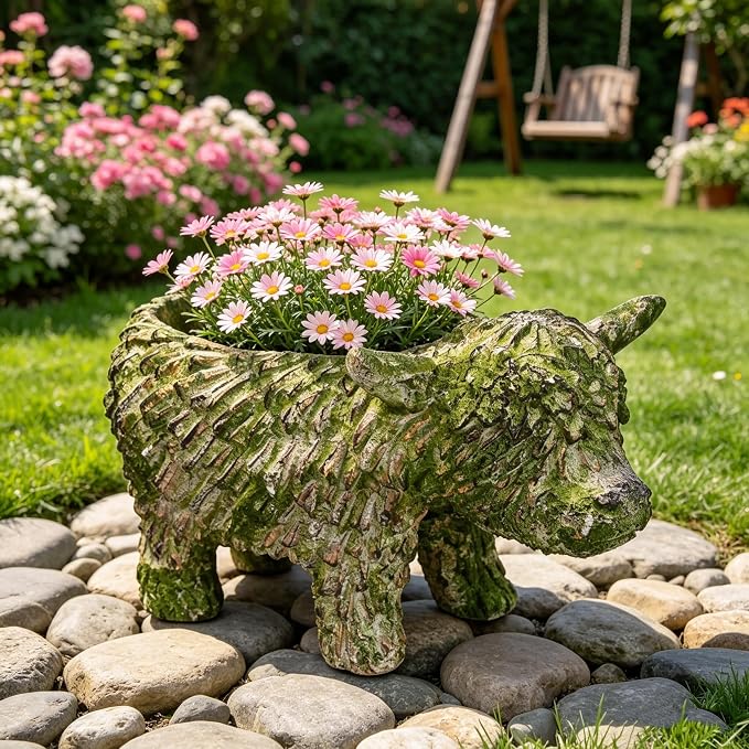 Rustic Highland Cow Planter - Vintage Distressed Green Resin Planter Pot Indoor&Outdoor Flower Pots for Garden Home Decor, Succulent, Herbs
