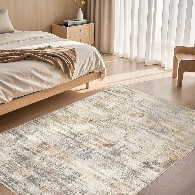 UERMEI 4x6 Area Rug for Living Room Washable Abstract Golden Brown Carpet | Low Pile Non-Slip Soft Neutral Modern Kid Pet Friendly Large Rugs For Bedroom Dining Room Nursery Office Indoor Decor
