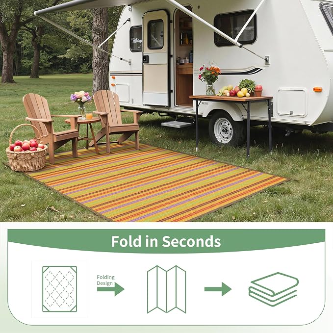 GENIMO Outdoor Rug for Patio Clearance, 8'x10' Reversible Plastic Straw Rugs, Lightweight Waterproof RV Camping Mat for Camper, Balcony, Deck, Backyard, Picnic, Rainbow