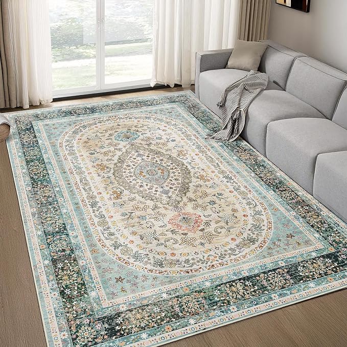 5x7 Area Rugs Washable,Blue Rug for Living Room Bedroom | Large Boho Vintage Bohemian Distressed Oriental Carpet Non Slip,Floral
