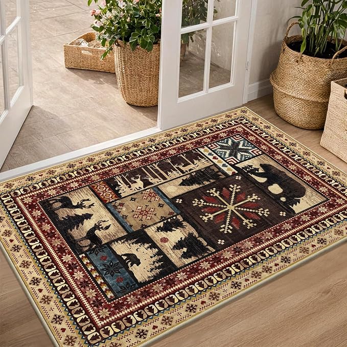 LOKHOM 2x3 Rustic Cabin Area Rug, Washable Western Lodge Bear Entryway Rug | Bear Pattern, Non-Slip, Low Pile Soft Doormat, Vintage Wildlife Accent Carpet Rug, For Living Room Bedroom Kitchen Entryway