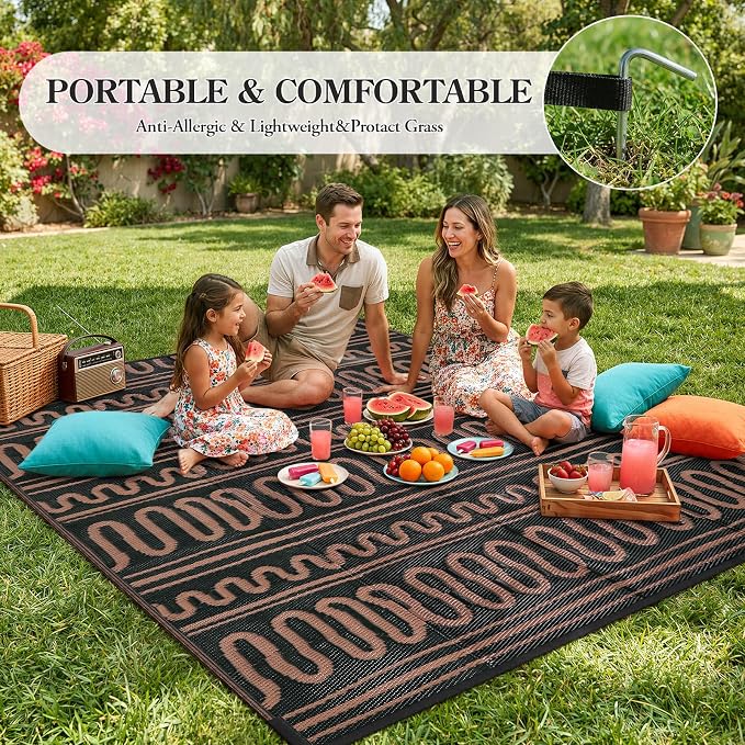 Beeiva Waterproof Outdoor Rug 6x9 for RV Camping, Reversible Outdoor Mat for Porch, Balcony, Picnic, Plastic Straw Rug Black Brown