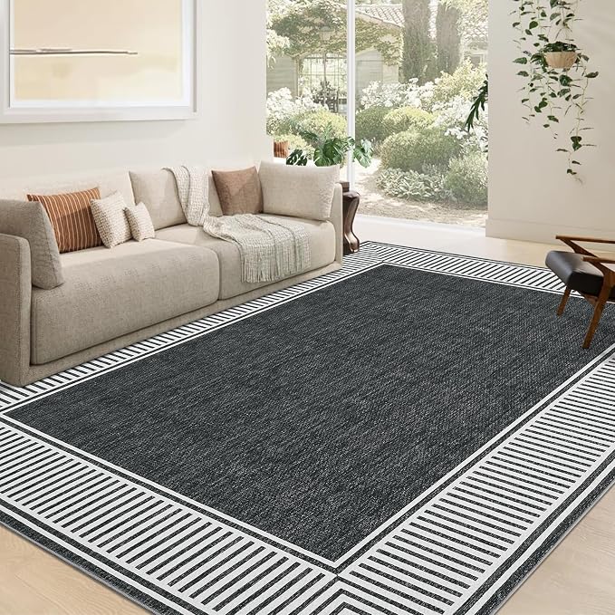 GarveeHome Living Room Area Rug 8x10 Modern Striped Border Throw Carpet | with Rubber Backing Low Pile Stain Resistant Dining Room Rug Contemporary Bordered Carpet for Home Office, Black