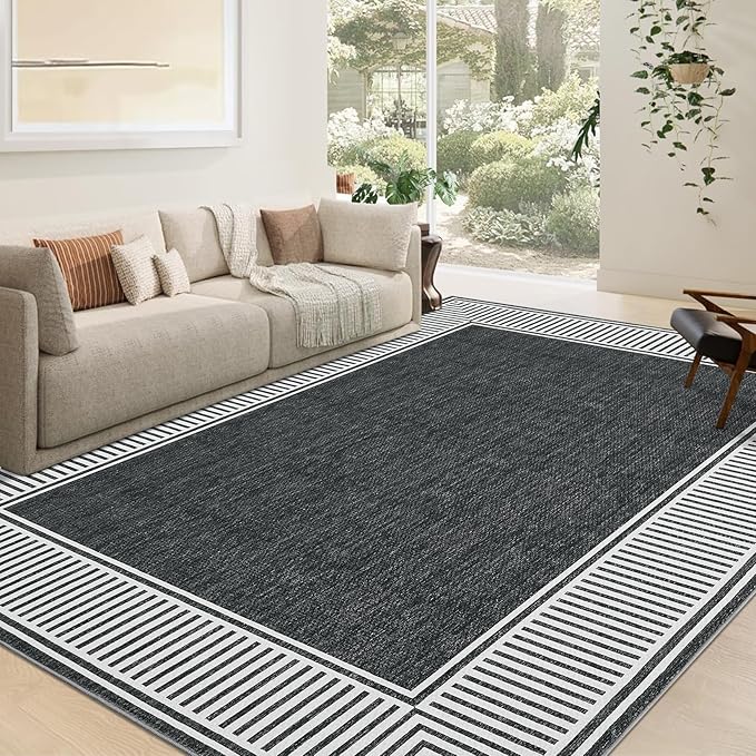 GarveeHome Area Rug 10x13 Modern Bordered Large Living Room Area Rug | Washable Bedroom Carpet with Rubber Backing Low Pile Stain Resistant Contemporary Rugs for Dining Room Home Office, Black