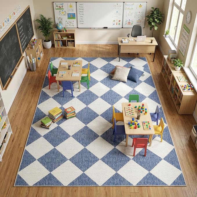 GarveeHome Navy Blue Area Rugs 8x10 Living Room Checkered Washable Rug | Large Soft Non Slip Backing Floor Mat Carpet Indoor Thin Rug for Bedroom Dining Room Playroom Nursery Home Decor