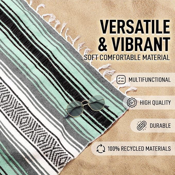 Hydration Nation Authentic Extra Large Mexican Blanket (70"x50") - Handwoven Yoga, Serape- Artisanal Falsa, Beach, Camping, Picnic, Outdoor (Aqua Green)
