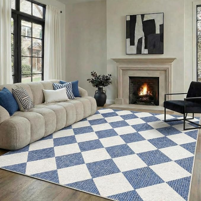 GarveeHome 5x7 Checkered Area Rug Navy Blue Washable Living Room Rug | Modern Geometric Farmhouse Carpet Soft Low Pile Non Slip Diamond Floor Mat Plaid Print Throw Rug for Dining Room Playroom