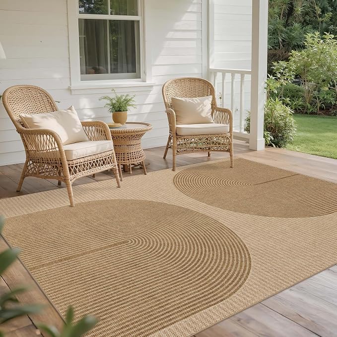 Easy Jute Rug 6x9 Outdoor: Natural Area Rugs for Patio Linen-Look Fabric Durable - Neutral Washable Carpet for Living Room Bedroom - Geometric Arch Pattern