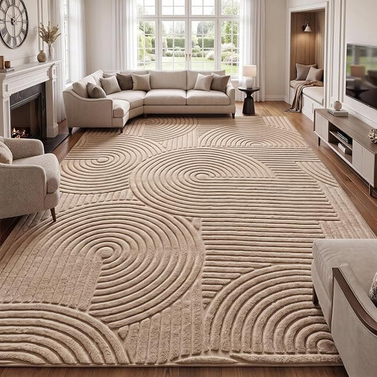 Brown Geometric 9x12 Solid Area Rug, Washable Living Room Rug | Ultra Soft Boho Pattern Minimalist Non-Slip Carpet, 9'x12' Rugs for Bedroom, Kids Room, Nursery, Apartment, Home Office