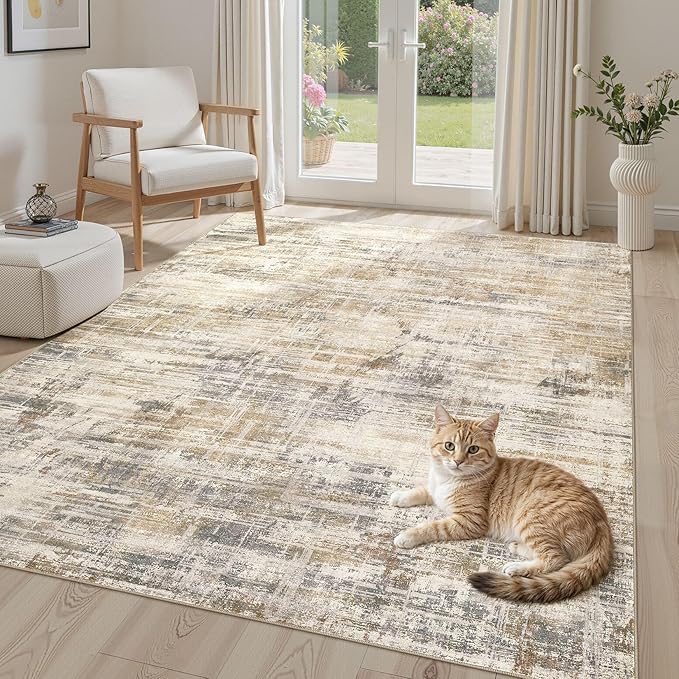 Uermei 6x9 Area Rug for Living Room Washable Abstract Golden Brown Carpet | Low Pile Non-Slip Soft Neutral Modern Kid Pet Friendly Large Rugs For Bedroom Dining Room Nursery Office Indoor Decor