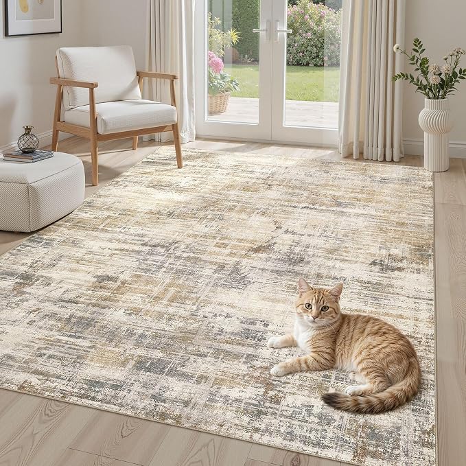 UERMEI 4x6 Area Rug for Living Room Washable Abstract Golden Brown Carpet | Low Pile Non-Slip Soft Neutral Modern Kid Pet Friendly Large Rugs For Bedroom Dining Room Nursery Office Indoor Decor