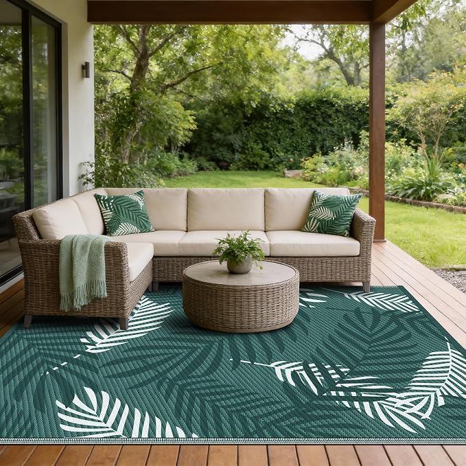 Kohree Outdoor Rug Waterproof 9x12, Reversible Outdoor Plastic Straw Rug with Leaf Pattern, Easy-Cleaning RV Mat Carpet for Patio,Porch, Camping, Balcony, Deck, Backyard, Green